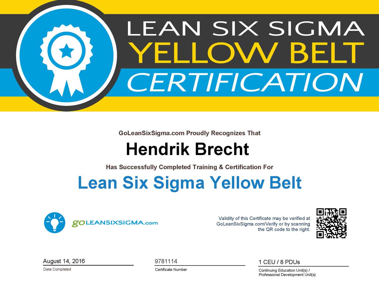 Lean Six Sigma - Yellow Belt Certificate, Hendrik Brecht